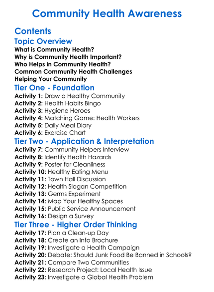 Community Health Awareness Worksheet Activity Booklet