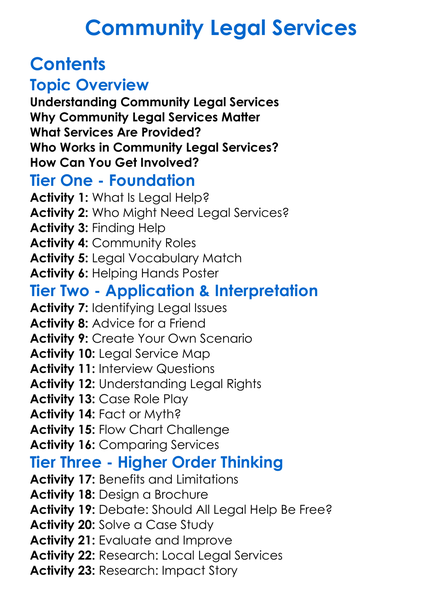 Community Legal Services Worksheet Activity Booklet