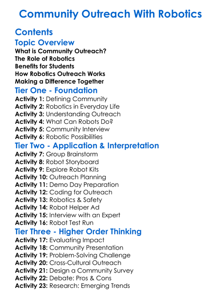 Community Outreach With Robotics Worksheet Activity Booklet