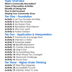 Community Recreation Opportunities Worksheet Activity Booklet