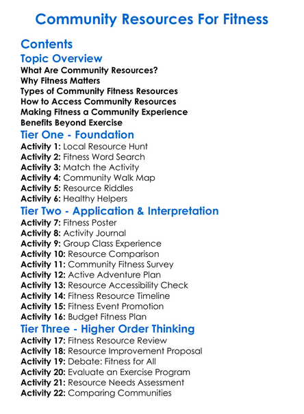Community Resources For Fitness Worksheet Activity Booklet