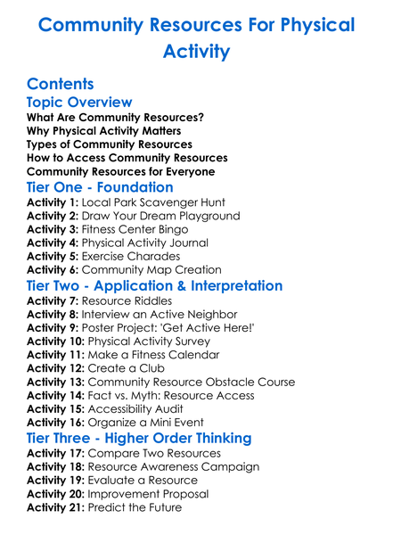 Community Resources For Physical Activity Worksheet Activity Booklet