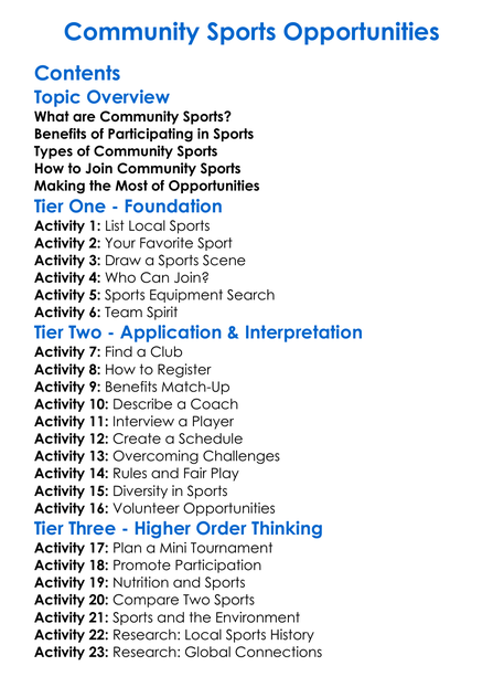 Community Sports Opportunities Worksheet Activity Booklet