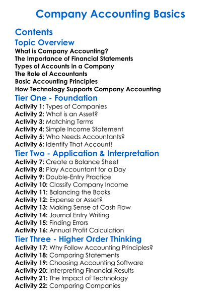 Company Accounting Basics Worksheet Activity Booklet