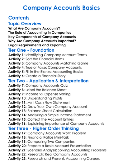 Company Accounts Basics Worksheet Activity Booklet