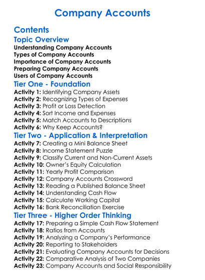 Company Accounts Worksheet Activity Booklet