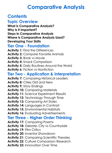 Comparative Analysis Worksheet Activity Booklet