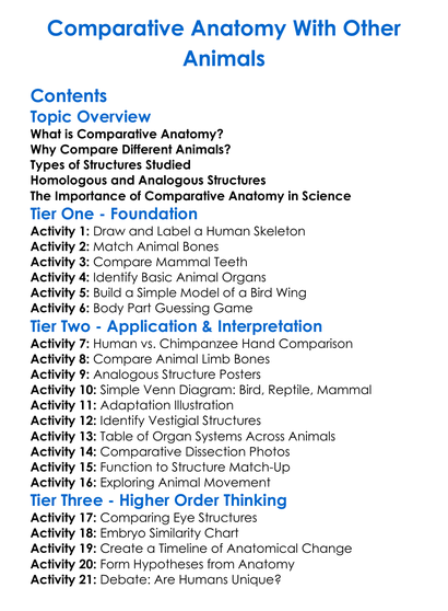 Comparative Anatomy With Other Animals Worksheet Activity Booklet