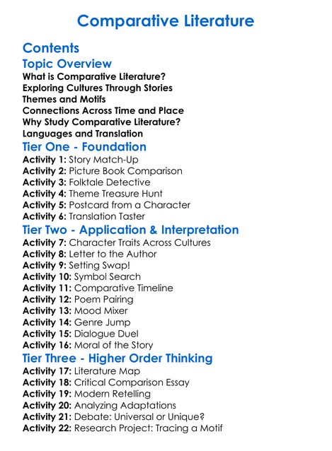 Comparative Literature Worksheet Activity Booklet