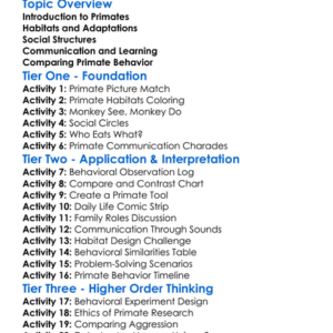 Comparative Primate Behavior Worksheet Activity Booklet