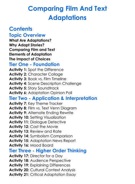 Comparing Film And Text Adaptations Worksheet Activity Booklet