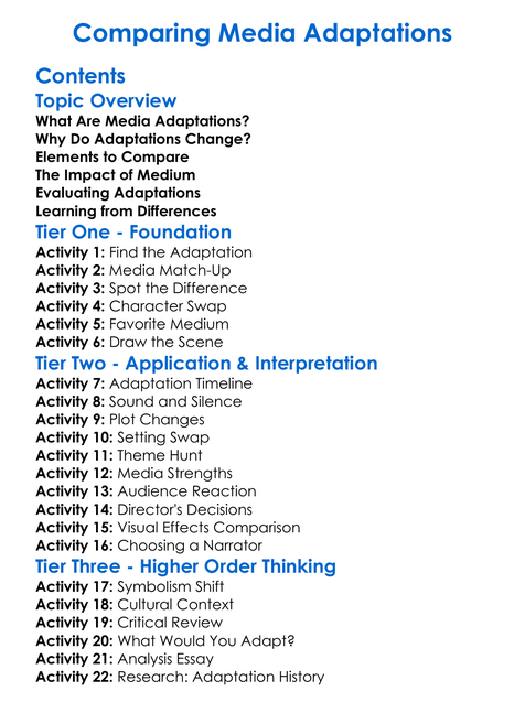 Comparing Media Adaptations Worksheet Activity Booklet