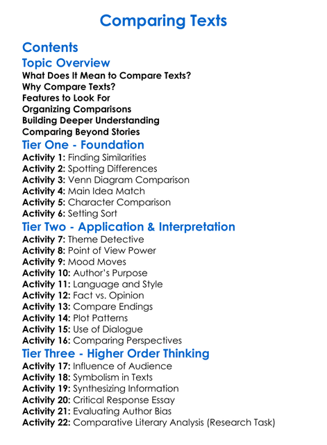 Comparing Texts Worksheet Activity Booklet