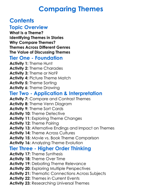 Comparing Themes Worksheet Activity Booklet
