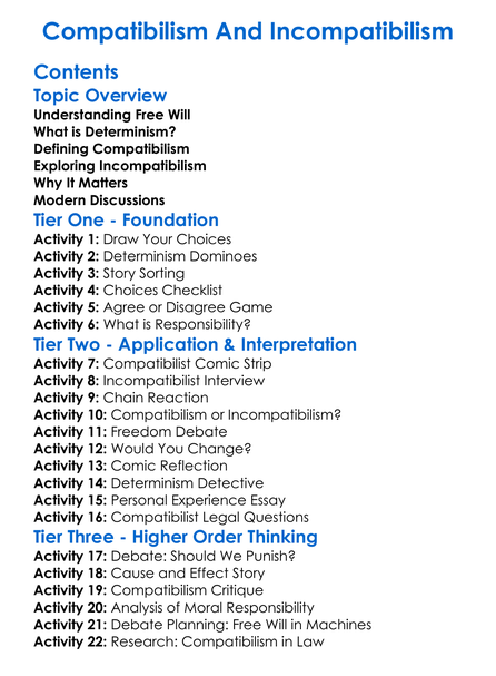 Compatibilism And Incompatibilism Worksheet Activity Booklet