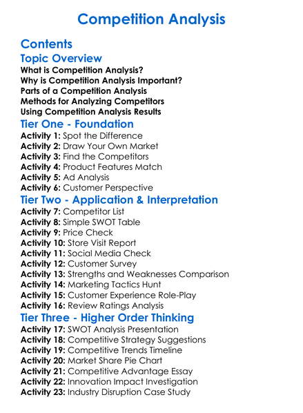 Competition Analysis Worksheet Activity Booklet