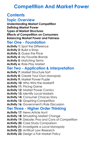 Competition And Market Power Worksheet Activity Booklet
