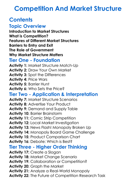 Competition And Market Structure Worksheet Activity Booklet