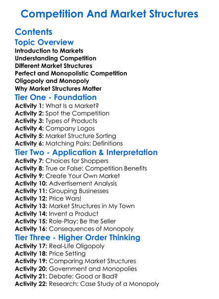 Competition And Market Structures Worksheet Activity Booklet
