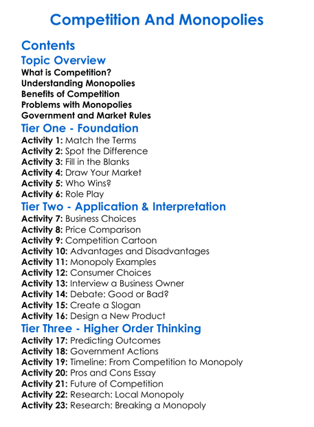 Competition And Monopolies Worksheet Activity Booklet