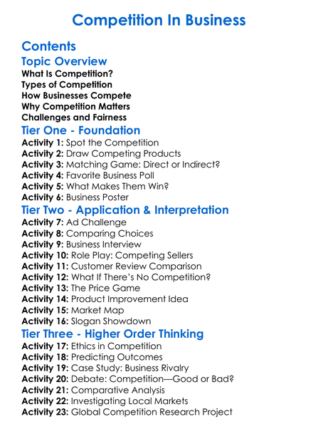 Competition In Business Worksheet Activity Booklet
