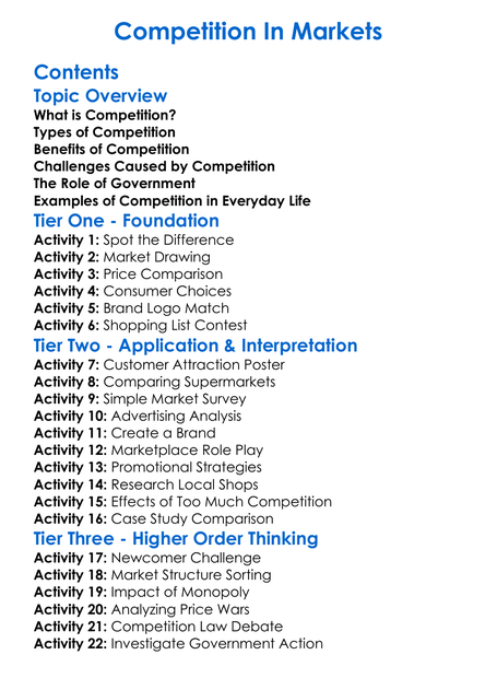 Competition In Markets Worksheet Activity Booklet