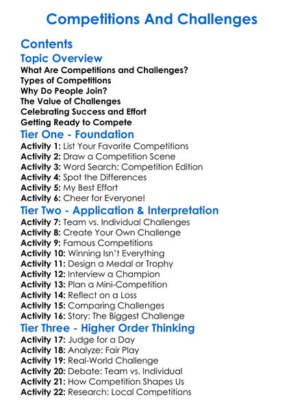 Competitions And Challenges Worksheet Activity Booklet