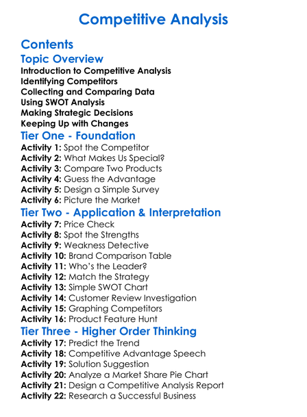 Competitive Analysis Worksheet Activity Booklet