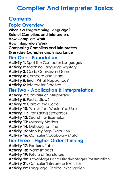 Compiler And Interpreter Basics Worksheet Activity Booklet