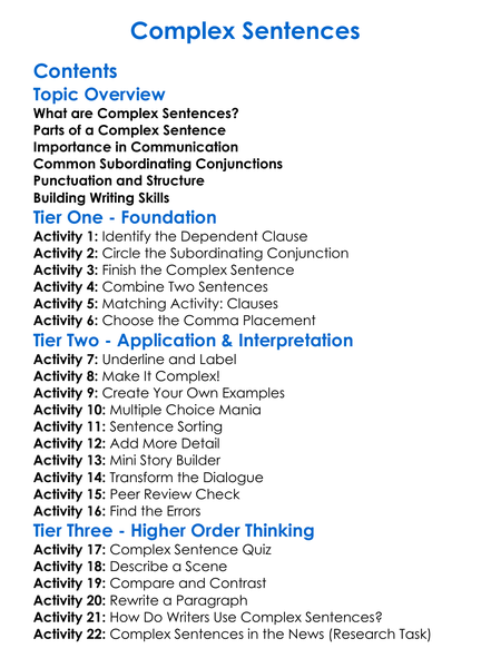 Complex Sentences Worksheet Activity Booklet