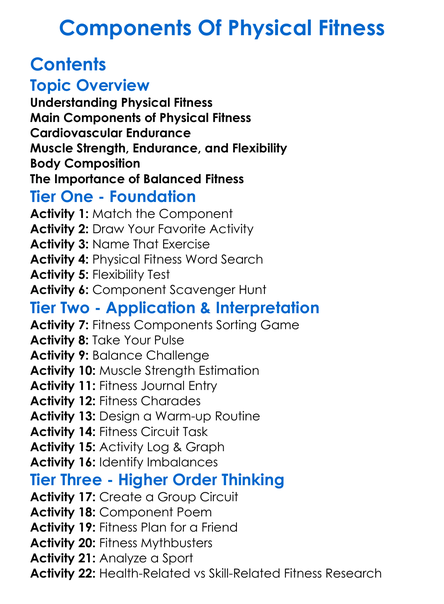 Components Of Physical Fitness Worksheet Activity Booklet