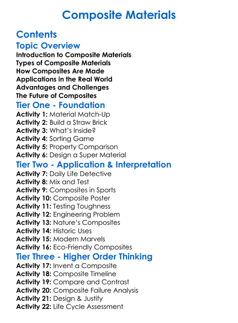 Composite Materials Worksheet Activity Booklet