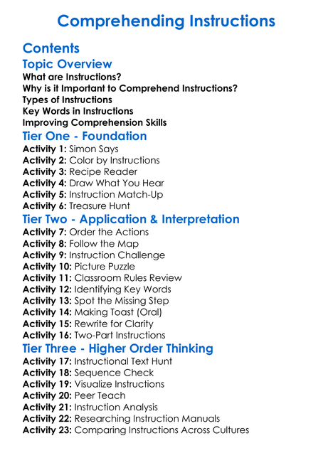 Comprehending Instructions Worksheet Activity Booklet