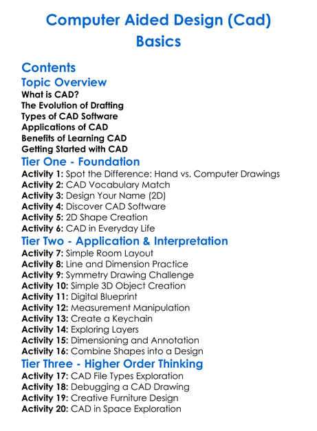Computer Aided Design Cad Basics Worksheet Activity Booklet