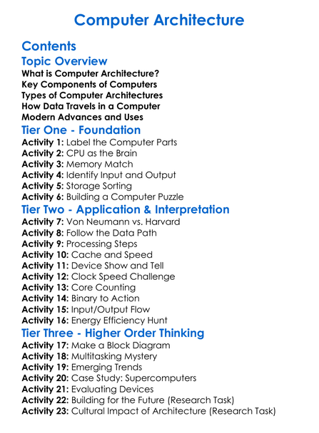 Computer Architecture Worksheet Activity Booklet