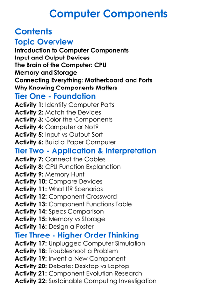Computer Components Worksheet Activity Booklet