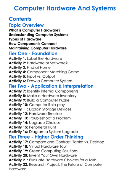 Computer Hardware And Systems Worksheet Activity Booklet