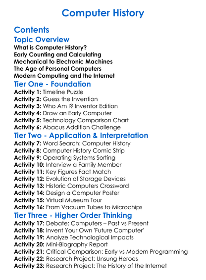 Computer History Worksheet Activity Booklet