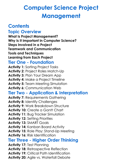 Computer Science Project Management Worksheet Activity Booklet