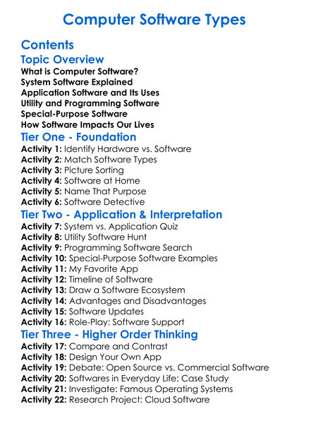Computer Software Types Worksheet Activity Booklet