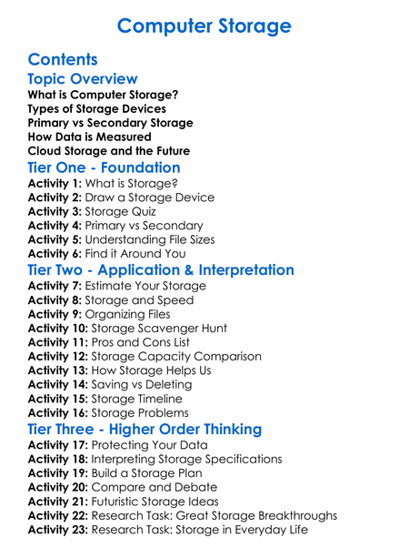 Computer Storage Worksheet Activity Booklet