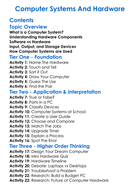 Computer Systems And Hardware Worksheet Activity Booklet