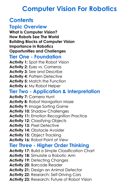 Computer Vision For Robotics Worksheet Activity Booklet