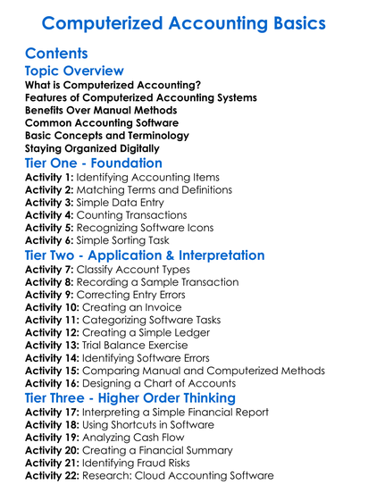 Computerized Accounting Basics Worksheet Activity Booklet
