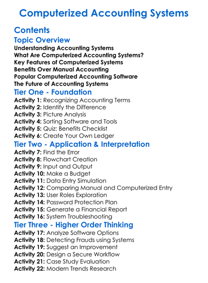Computerized Accounting Systems Worksheet Activity Booklet