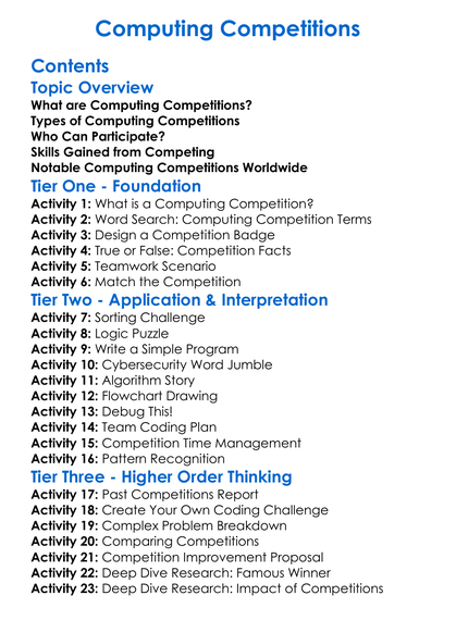 Computing Competitions Worksheet Activity Booklet