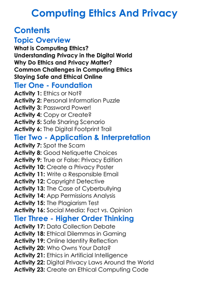 Computing Ethics And Privacy Worksheet Activity Booklet