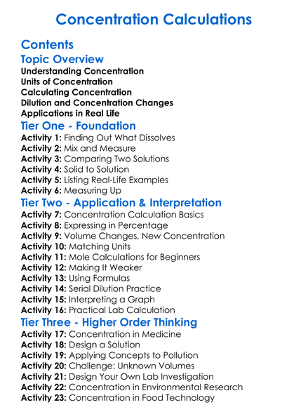 Concentration Calculations Worksheet Activity Booklet