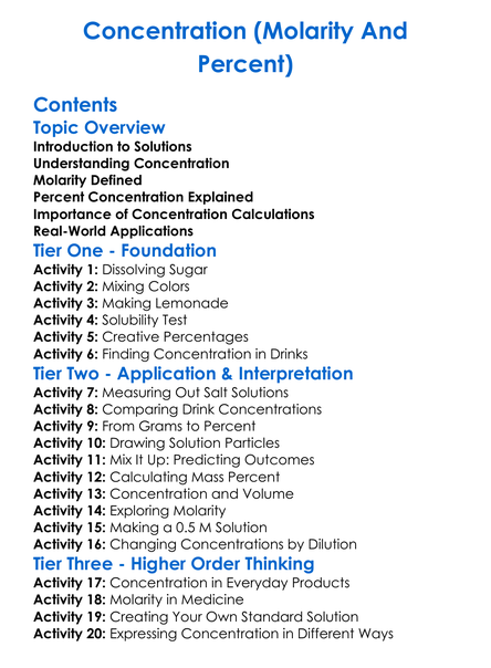 Concentration Molarity And Percent Worksheet Activity Booklet