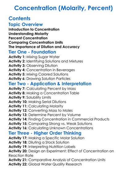 Concentration Molarity Percent Worksheet Activity Booklet
